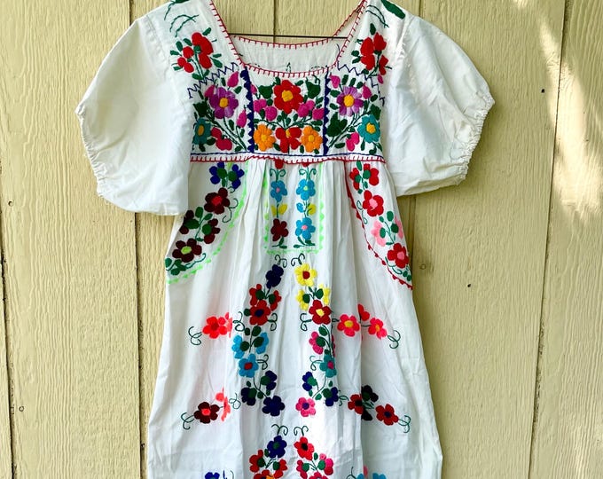 Vintage Mexican Hand Embroidered Dress , Oaxacan Floral Embroidered Dress , 60s Mexican Maxi Dress