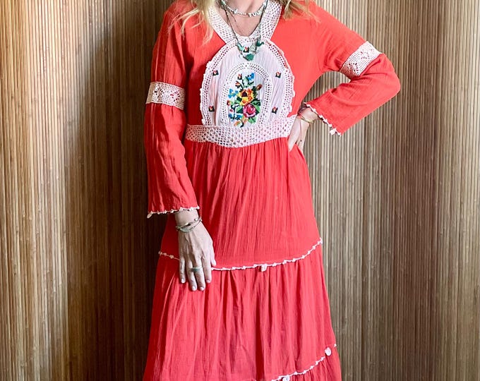 Vintage 70s Indian Cotton Gauze Dress : Red Embroidered Boho Maxi