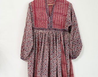 Vintage India Block Print Cotton Dress ,Paisley Print Cotton Midi Dress , Wood Block Indian Cotton Dress