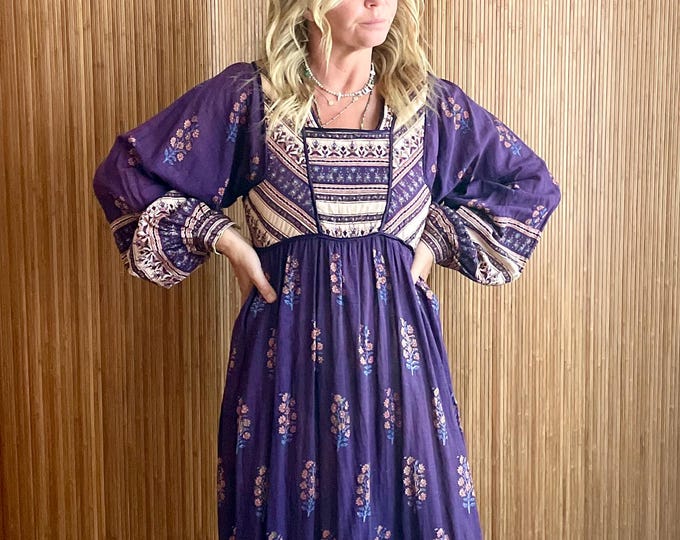 Vintage Phool Indian Block Print Cotton Dress: Boho Midi Purple Floral Dress