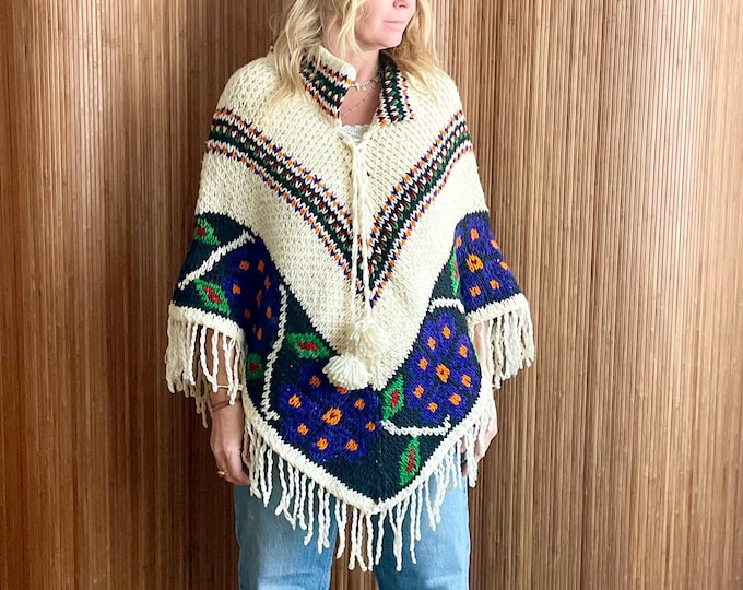 Vintage 60s Mexican Hand Knit Wool Poncho - Bohemian Boho Chic Festival Style Ethnic Cloak