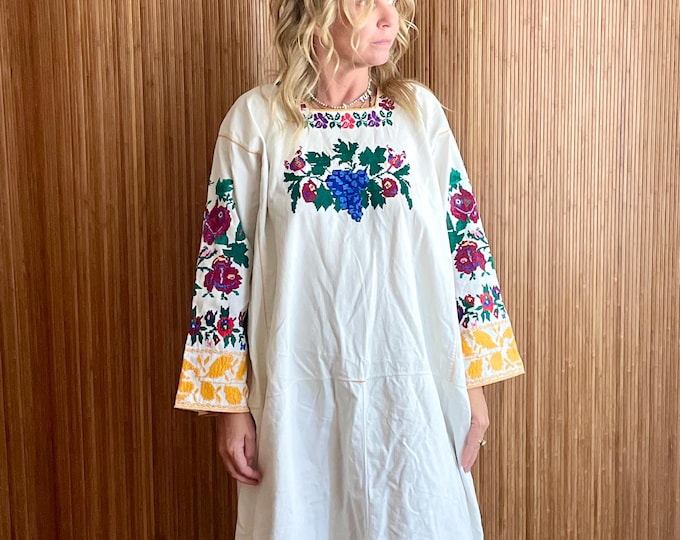 Antique Eastern European Linen Kaftan • Hand-Embroidered Floral Dress Boho Silhouette