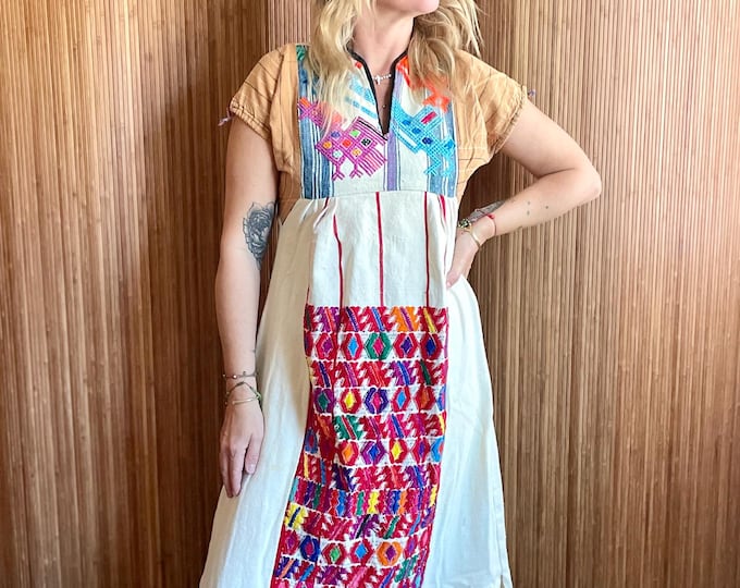 Vintage Guatemalan Huipil Dress : Handwoven Mayan Cotton Rainbow Embroidery Boho Folk Textile Tunic
