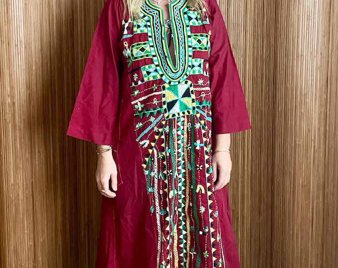 Vintage SIWA Tribe Egyptian Embroidered Kaftan - Bohemian Hippie Ethnic Maxi Dress