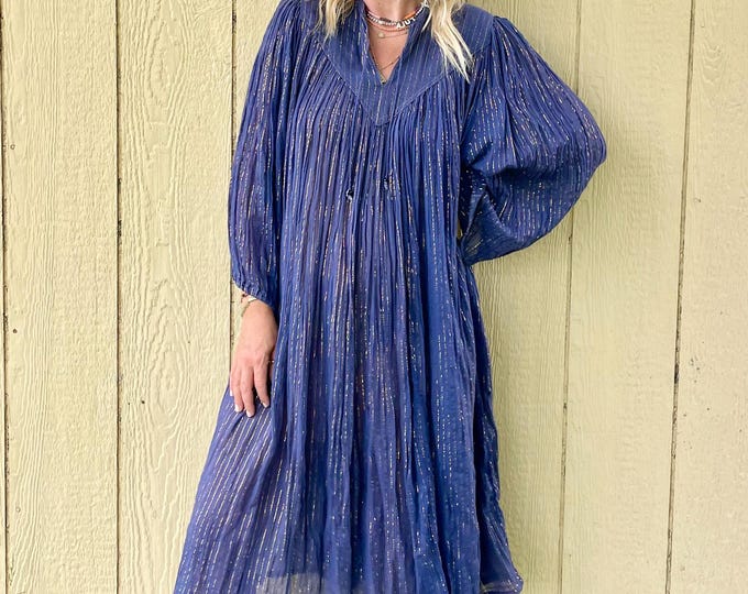 Vintage Navy Blue Indian Cotton Lurex Dress , India Cotton Dress , Lurex Gauze Midi Dress , Indian Cotton Midi Dress