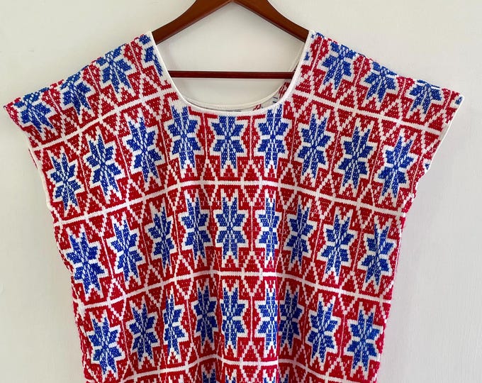 VTG Oaxacan Fully Embroidered Kaftan — Red & Blue Floral Cross-Stitch Huipil