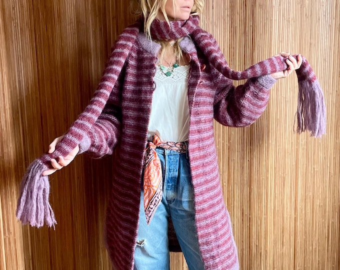 VTG Striped Knit Cardigan with Matching Scarf Set - Long Mohair Blend Boho Sweater