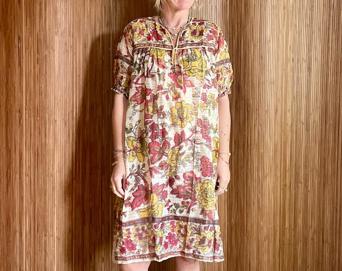 Vintage Indian Cotton Gauze Tunic Dress -  Floral Block Print Boho Caftan