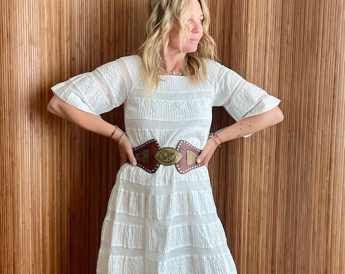 Vintage Mexican White Cotton Laced Dress - Bohemian Southwestern Crochet Wedding Midi
