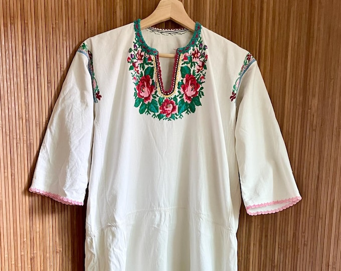 Antique Linen Dress • Eastern European Rose Embroidery, Floral Crochet Trim