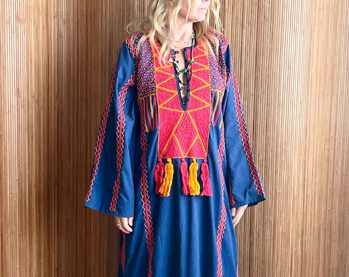 Vintage Embroidered Egyptian Cotton Kaftan- Siwa Tribe Tasseled Bohemian Maxi Dress