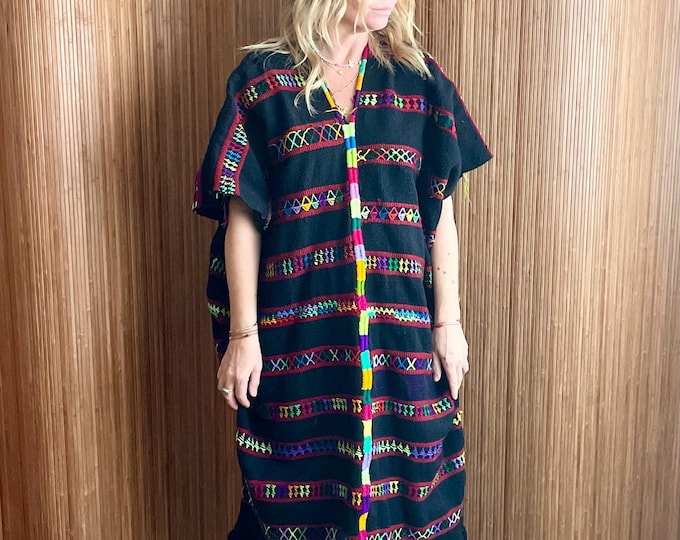 Vintage Guatemalan Hand Loomed Huipil Dress - Hand-Loomed Wool Textile  Ethnic Poncho Kaftan