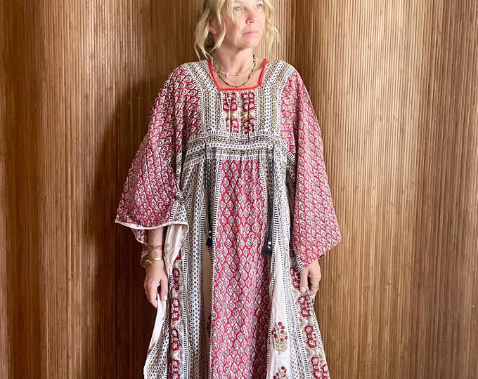 VTG 70s Indian Block Print  Kaftan– Boho Printed Resort Dress