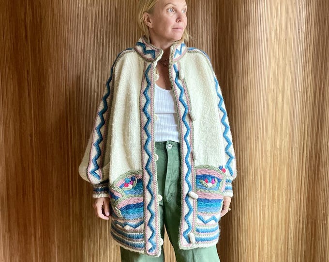 Rare Vintage Dobrila Hand Knit Cardigan - Colorful Folk Embroidery Chinky Sweater Coat