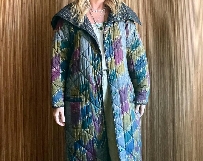 VTG Super Rare Reversible Quilted Indian Cotton Lurex Maxi Coat - Bohemian Collectors Maxi Ikat Print Coat