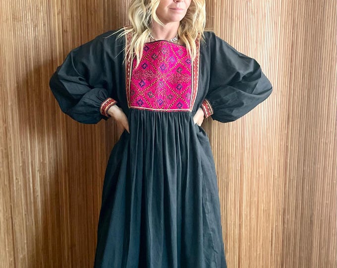 Vintage Afghan Kuchi Embroidered Dress — 1970s Bohemian Handcrafted Folk Tribal Dress