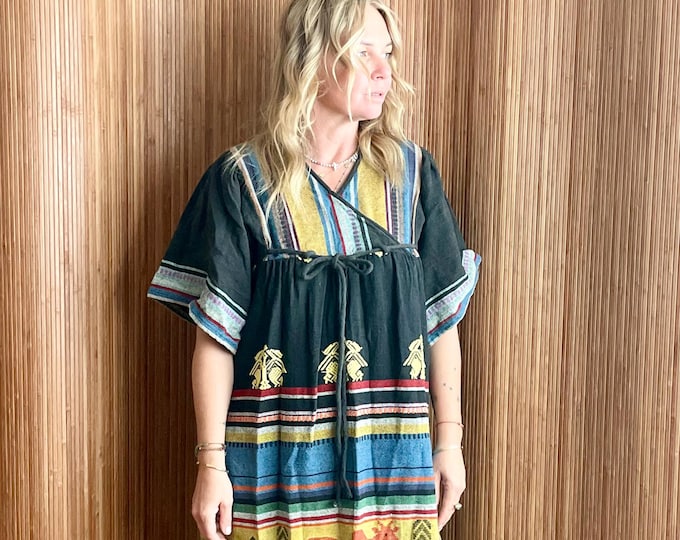 VTG 70s Indian Hand Loomed Cotton Maxi - Boho Hippie Ethnic Folk Art Print  Dress