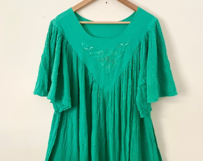 Vintage Cotton Gauze Grecian Sun Dress ,   Bali Lace Butterfly Sleeve Dress , Butterly Lace Top , Green Gauze Dress