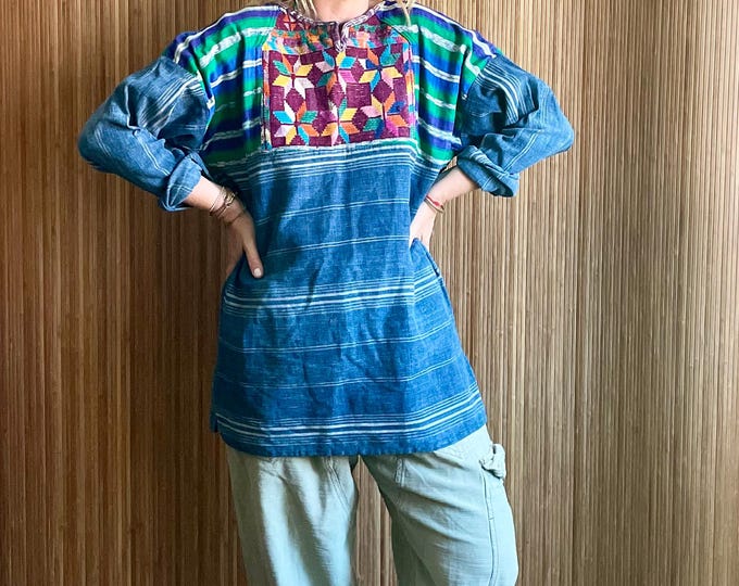 VTG 60s Guatemalan Indigo Woven Top - Rare Collectible Bohemian Long Sleeve Blouse
