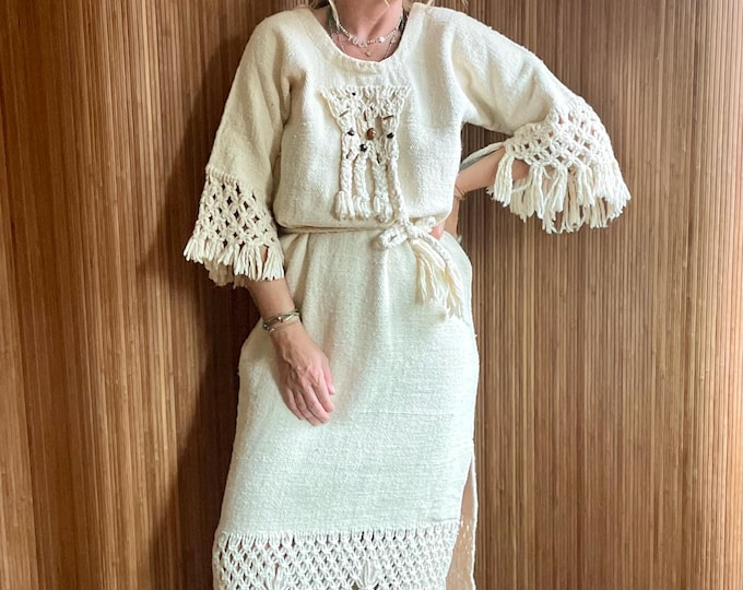 Vintage 60s Macramé Cotton Maxi Dress: Hand Loomed Bohemian Kaftan