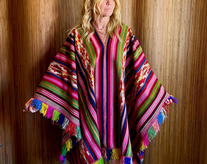 Antique Quechua Hand Loomed Ceremonial Poncho – Vintage Andean Textile, Rare Embroidered, Collectible Boho Cape