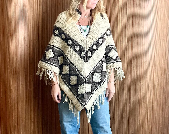Vintage 60s Mexican Hand Knit Wool Poncho - Bohemian Boho Chic Festival Style Ethnic Cloak