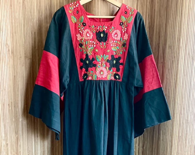 Vintage Mexican Woven Kaftan Dress:  Bohemian 1970s Maxi, Festival Resort Artisan Handwoven Cotton