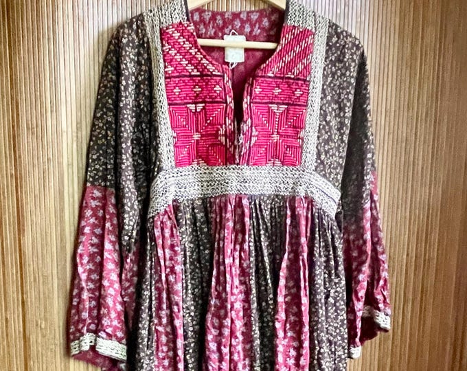 VTG 70s Afghan Hand Embroidered Midi - Pink & Brown Floral Ethnic Kuchi Tribal Dress