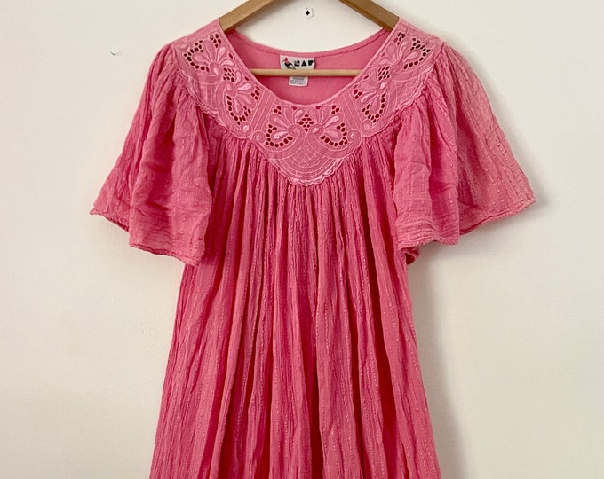 Vintage Cotton Gauze Grecian Sun Dress ,   Bali Lace Butterfly Sleeve Dress , Butterly Lace Top , Pink Gauze Dress