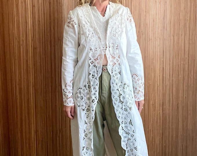 VTG White Lace Linen Duster - Bohemian Cutout Layering Maxi Jacket