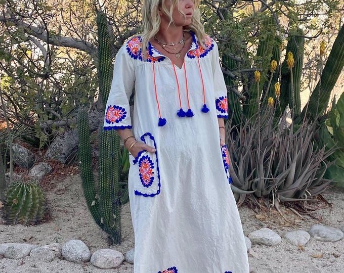 Vintage 1970s Hand Embroidered Cotton Kaftan • Boho Ethnic Cream Blue & Orange Embroidery Maxi Dress