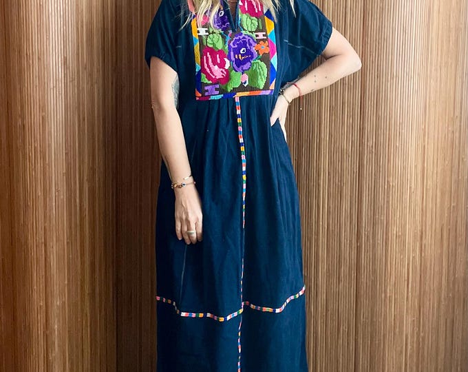 Vintage Guatemalan Embroidered Indigo Maxi Dress, Hand Loomed