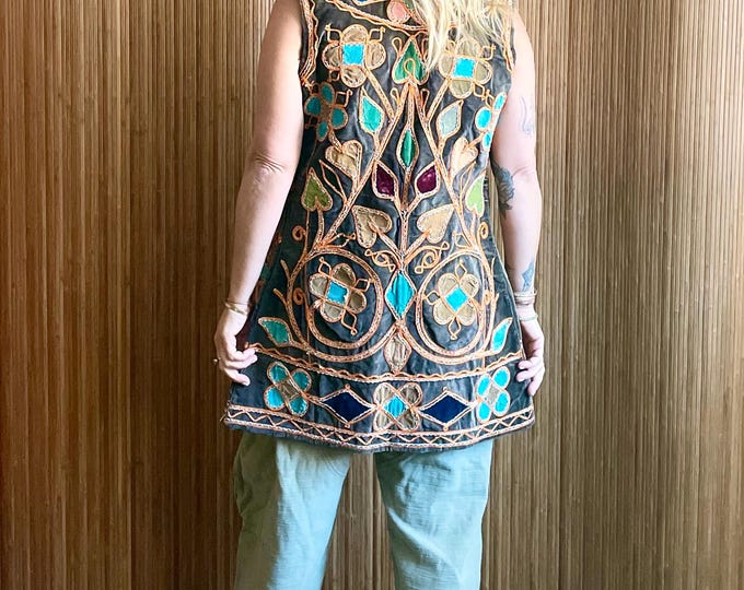 Vintage Afghan Velvet Vest 1970s | Hand-Embroidered Appliqué Ottoman Folk Bohemian Festival
