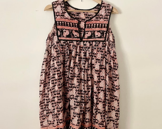 Vintage India Cotton Gauze  Tunic Top -  Block Print Sleeveless Mini Dress