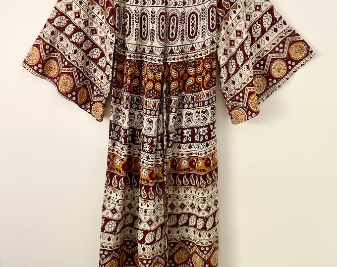 Vintage 70s  Indian Block Print Cotton Kaftan  , Block Print Maxi Kaftan , Vintage Cotton Maxi Kaftan , VTG Resort Wear, Earth Tone Kaftan