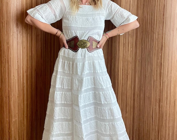 Vintage Mexican White Cotton Laced Dress - Bohemian Southwestern Crochet Wedding Midi