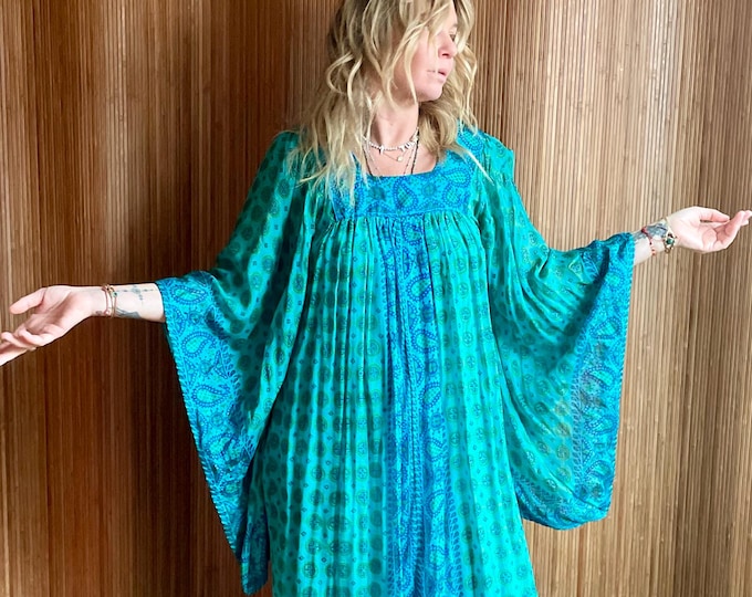 VTG Indian Silk Kaftan Maxi – Block Print Boho for Saks Fifth Ave Dress