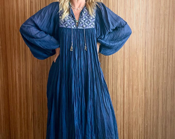Vintage Mayur Embroidered Mirror Work  Indian Cotton Gauze  Dress : Navy Blue Bohemian Flowy Dress