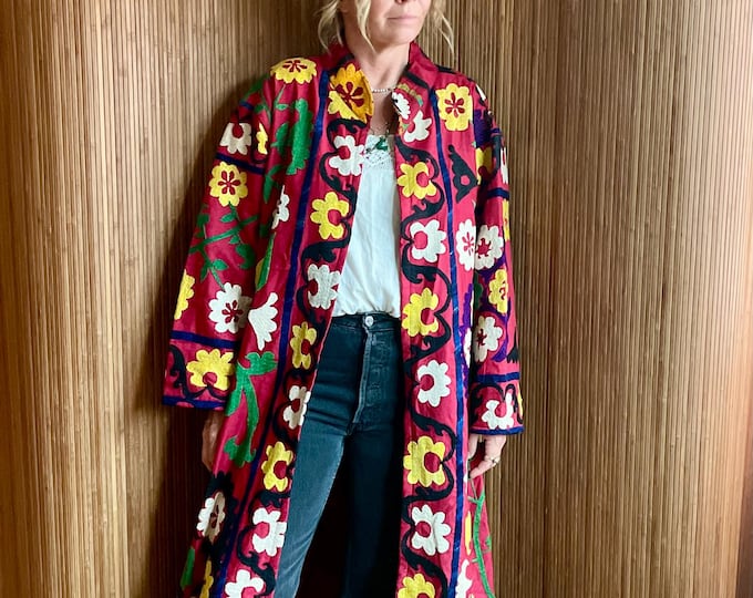 Vintage Uzbek Silk Embroidered Duster Coat: Reversible Boho Kimono