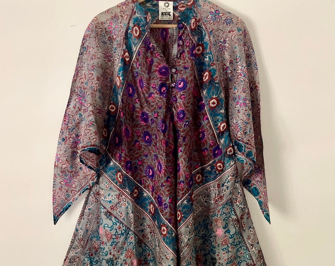 Vintage DEADSTOCK Zodiac India Silk Kaftan , Indian Silk Maxi Kaftan , Block Print Silk Caftan , Block Print Floral Print Kaftan