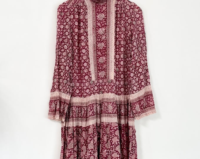 Vintage India Cotton Gauze Dress: Ruffled Collar Bohemian Midi