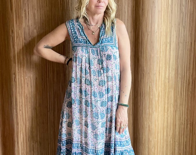 Vintage Starina Indian Cotton Gauze Dress - Boho Summer Block Print Maxi