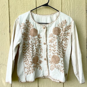 Vintage Mexican Embroidered Jacket , Chiaps Floral Jacket , Embroidered Mexican Cotton Jacket , Cream Cotton Embroidered Top