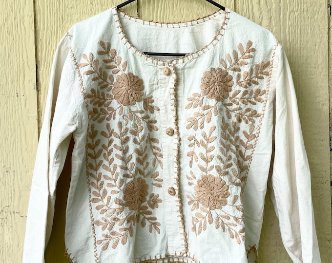 Vintage Mexican Embroidered Jacket , Chiaps Floral Jacket , Embroidered Mexican Cotton Jacket , Cream Cotton Embroidered Top