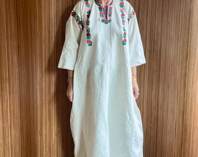 Antique Eastern European Embroidered Folk Kaftan  — 1970s Bohemian Folk Vyshyvanka Maxi, Handcrafted Linen Ethnic Festival Gown