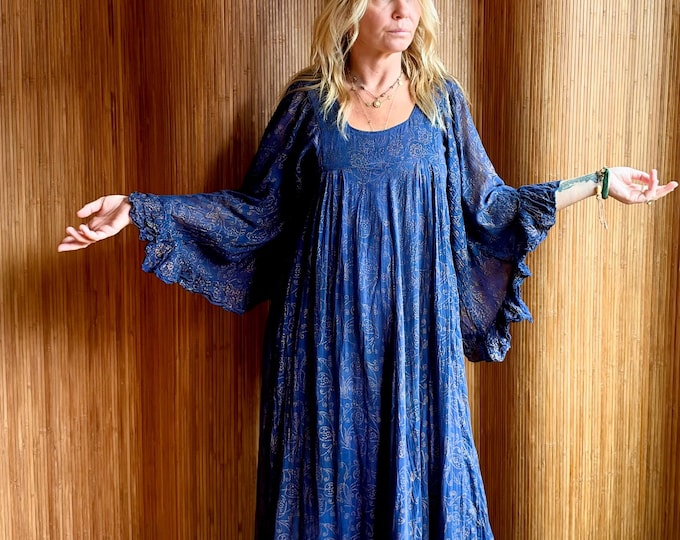 Rare Vintage Ayesha Davar Indian Cotton Gauze Dress- Blue Gold Stamp Print 1970s Boho Maxi
