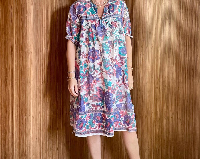 Vintage Indian Cotton Gauze Tunic Dress -  Floral Block Print Boho Caftan