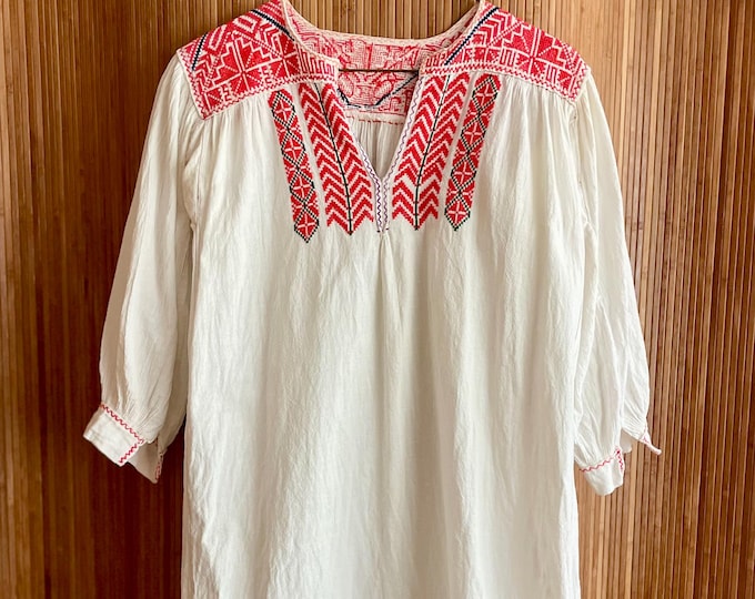 Vintage Hand Embroidered Oaxacan Tunic - Mexican Bohemian Hand Loomed Cotton Mini Dress