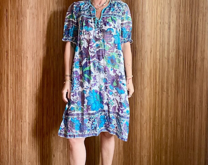 Vintage Indian Cotton Gauze Tunic Dress -  Floral Block Print Boho Caftan