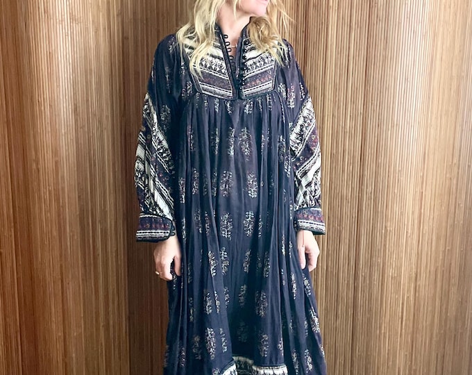 VTG Indian Block Print Dress - Bohemian Black Floral Midi